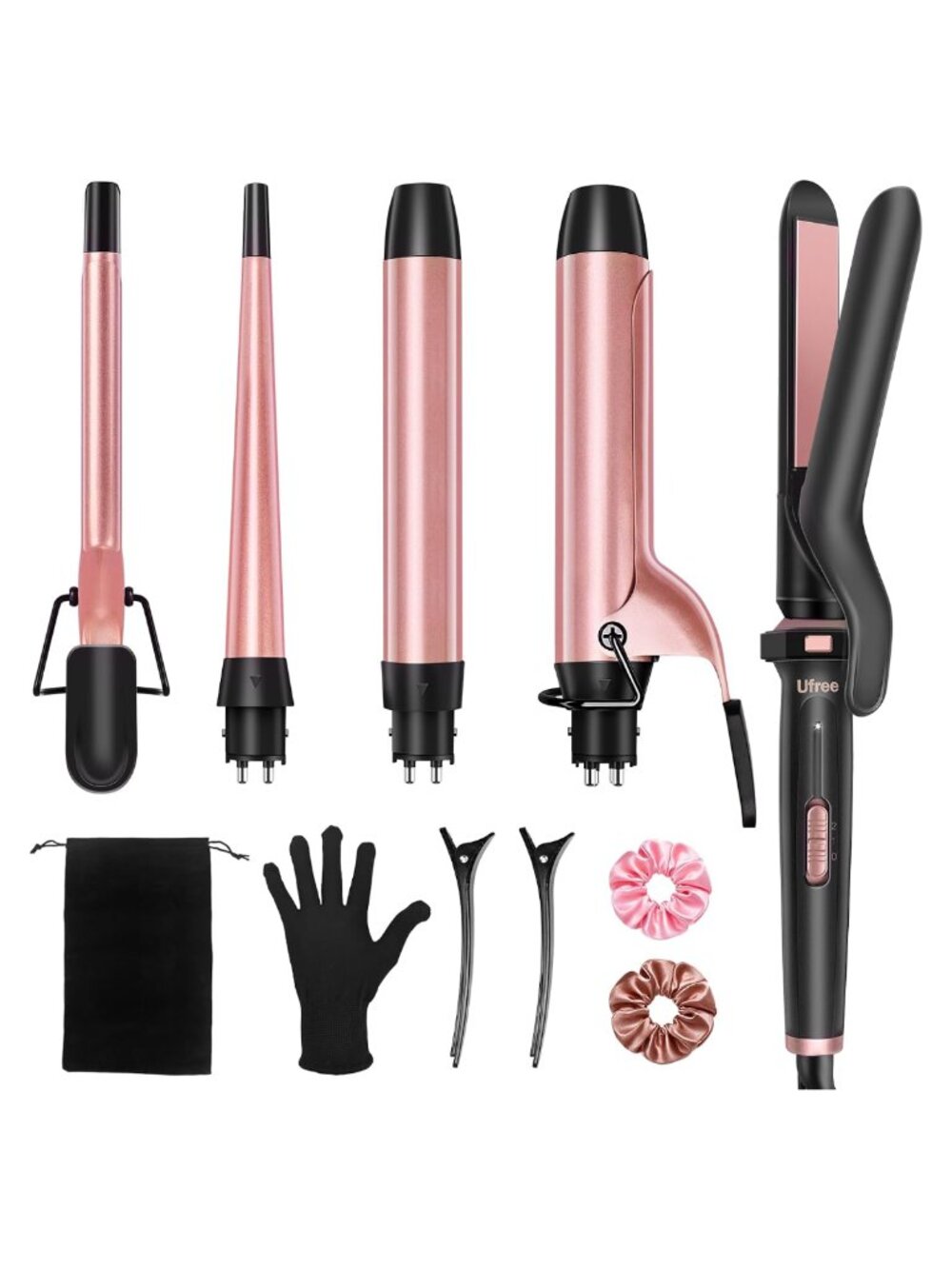 5-in-1 Curling Iron Set with Flat Iron, Ceramic Barrels, Dual Voltage Hair